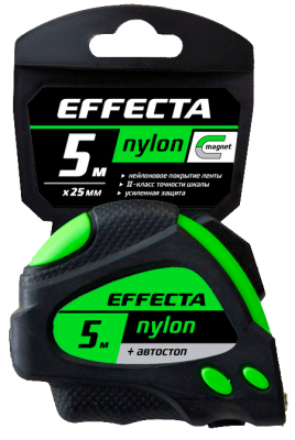 Рулетка 5м-25мм с магнитом, автостоп,лентой нейлон  Effecta Nylon  (580525); 11612890