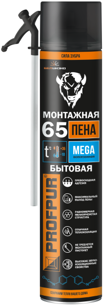 Пена монтажная PROFPUR 65 L бытовая всесезонная, 870 мл; 11593724